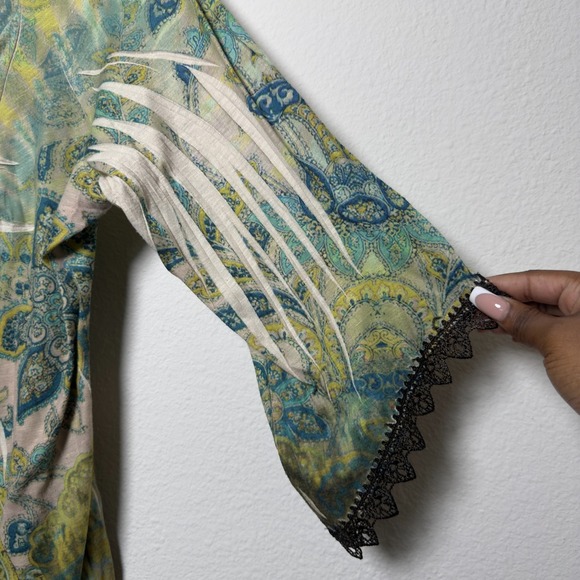 One World Women Forest Fairy Top XL Green Paisley Lace Flare Sleeve V-Neck Gobli - Picture 4 of 11